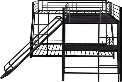 L-Shaped Twin Over Full Bunk Bed with Twin Size Loft Bed Frame Have Desk/Slide/Integrated Ladder/Full-Length Guardrails/Metal Slats Support/Easy to Assemble,for Adult Boy Girl,Black