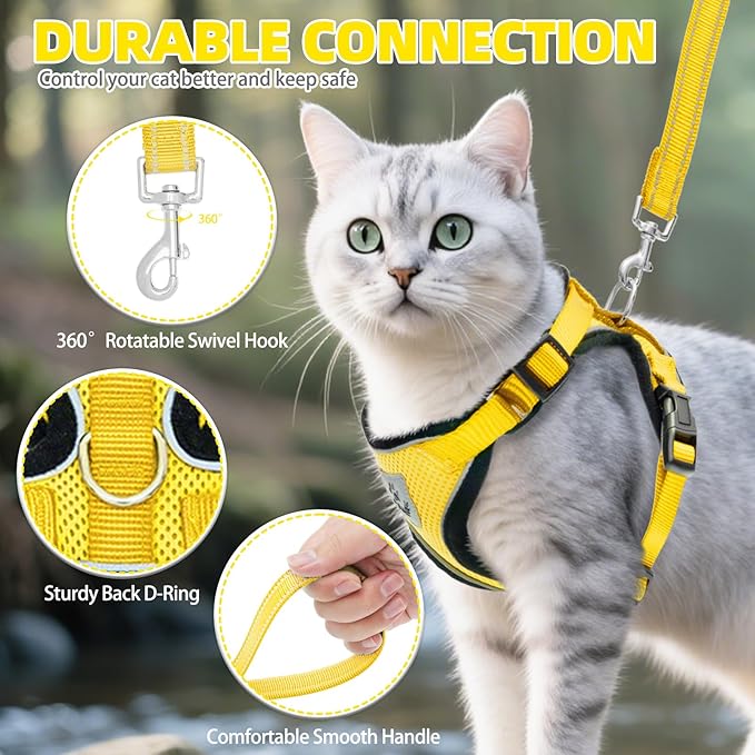PUPTECK Cat Harness and Leash Set Escape Proof Reflective Cat Walking Harness Adjustable Soft Breathable Mesh Vest for Small Pets, Yellow, M