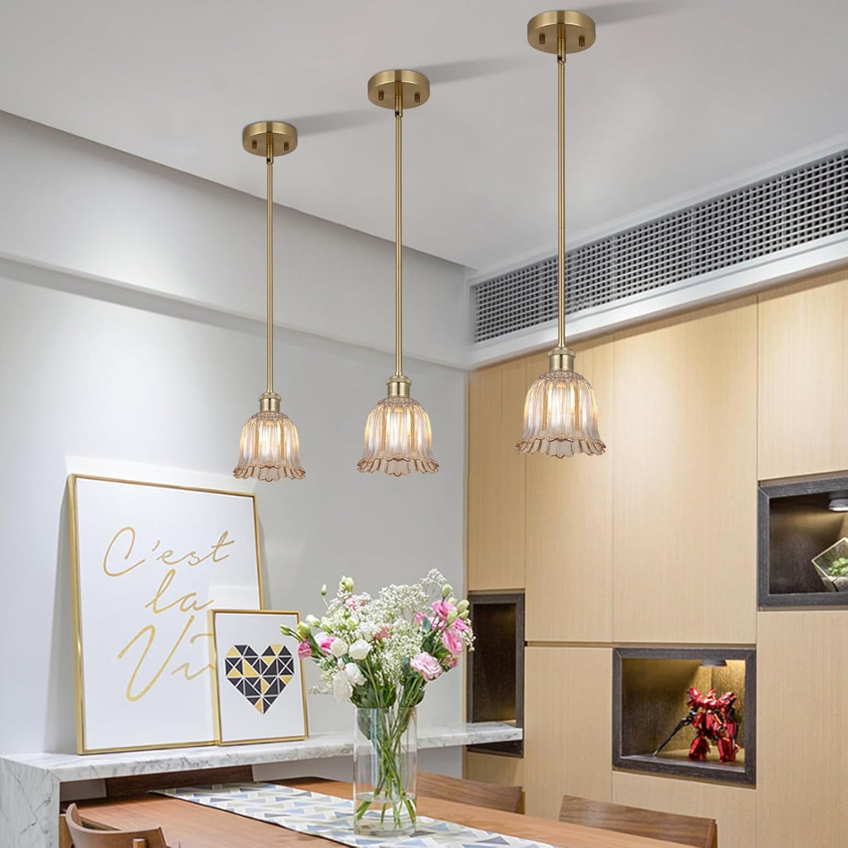 Modern Gold Pendant Light Brushed Brass Mid Century Chandelier Amber Glass Shades Adjustable Rods Farmhouse Ceiling Hanging Lighting Fixture Kitchen Island Dining Room Bedroom