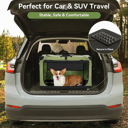 PETSFIT 36" Soft Portable Dog Crate – Patented Spiral Sturdy Frame, Collapsible Travel Kennel for Medium & Large Dogs, 3 Mesh Door, Lockable Zippers, Indoor & Car Use Green