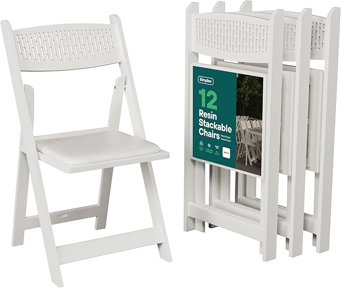 SIMPLEX White Stackable Folding Chairs with Padded Seat & Mesh Back, Padded Indoor/Outdoor Folding Chair, Lightweight Foldable Chairs, Weight Capacity 800LBs (12 Pack)