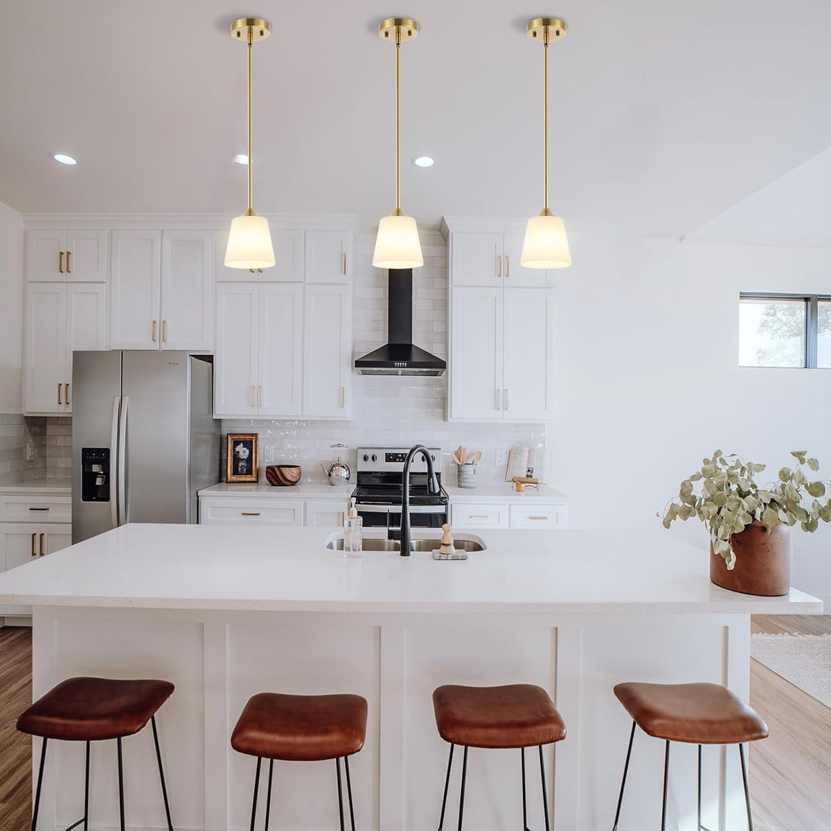 Modern Gold Pendant Light 3 Pack Brushed Brass Mid Century Chandelier White Cylinder Glass Shades Adjustable Rods Farmhouse Ceiling Hanging Lighting Fixture Kitchen Island Dining Room Bedroom