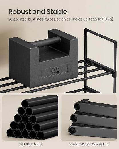 SONGMICS Shoe Rack, 4-Tier Shoe Organizer, Metal Storage Shelf, Upright or Upside Down, for 5-10 Pairs, Stackable, for Entryway, 11.8 x 16.7 x 28.2 Inches, Black ULSA004B01
