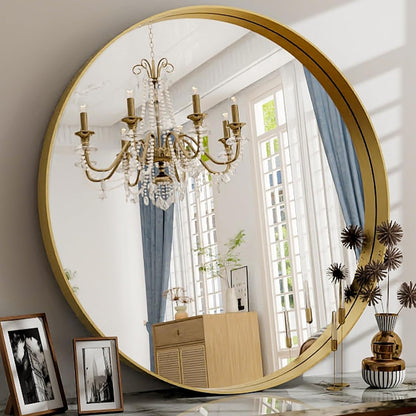 30 Inch Round Bathroom Mirror - Wall Mounted Circle Mirror with Metal Frame, Modern Mirror Suitable for Bathroom, Vanity, Entryway, Living Room, Wall Decor,Gold