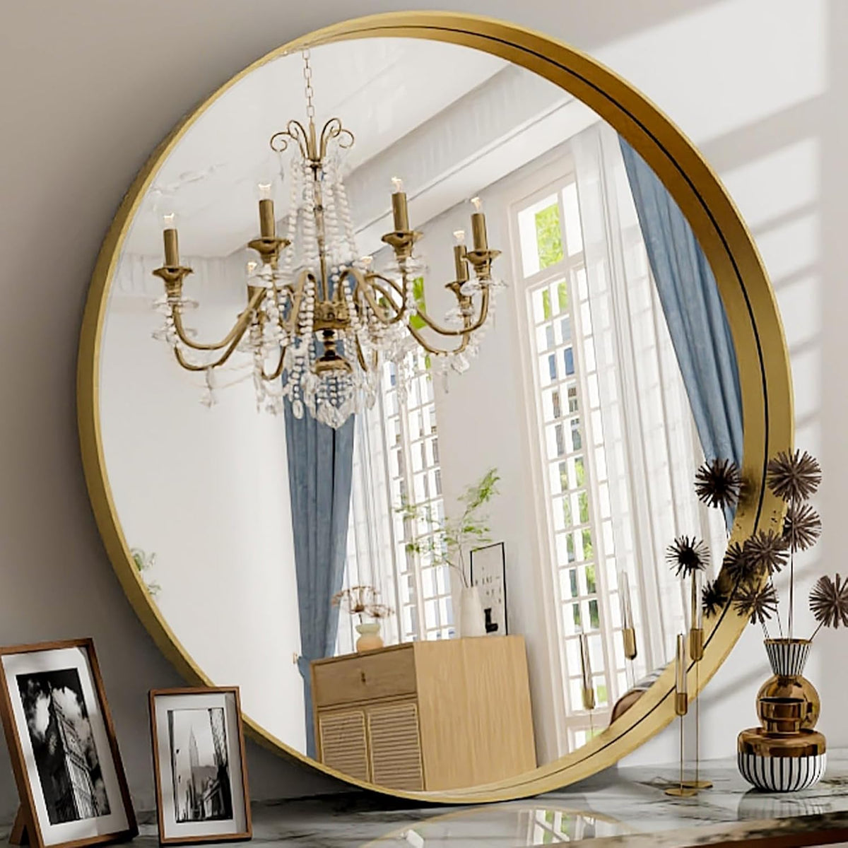32 Inch Round Bathroom Mirror - Wall Mounted Circle Mirror with Metal Frame, Modern Mirror Suitable for Bathroom, Vanity, Entryway, Living Room, Wall Decor,Gold
