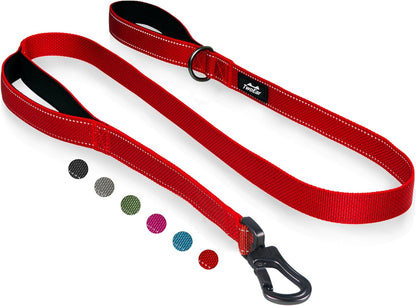 TwoEar 4FT 1IN Strong Red Dog Leash with 2 Padded Handles, Traffic Handle Extra Control, Comfortable Soft Dual Handle, Auto Lock Hook, Reflective Walking Lead for Small Medium and Large Dogs