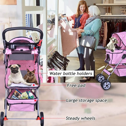 4 Wheels Pet Stroller Cat Dog Cage Stroller Travel Folding Carrier with Cup Holders and Removable Liner for Small-Medium Dog, Cat (Pink)