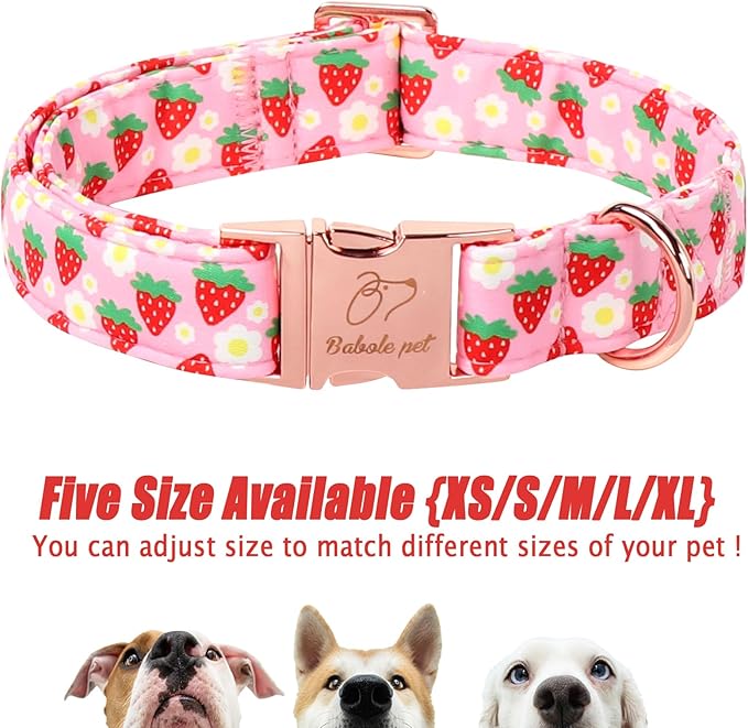 Strawberry Dog Collar for Small Dogs - Adjustable Spring Summer Pink Girl Dog Collars, Cute Girly Female Pet Collar with Metal Buckle S