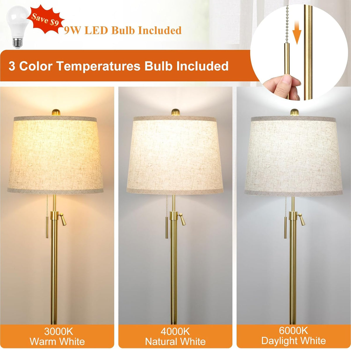 Gold Floor Lamp for Living Room 55-65" Adjustable Modern Brass Standing Lamp with Pull Chain Tall Pole Light with Beige Shade for Bedroom Reading Office Corner Nursery 9W LED Bulb Included 3 ColorTemp