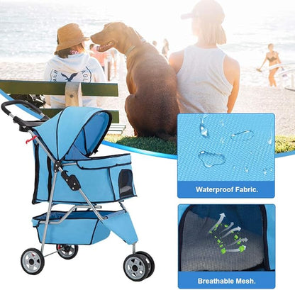 BestPet | 3-Wheel Pet Stroller | Dog and Cat Stroller | Breathable Mesh | Lightweight Travel Carrier | Waterproof & Foldable Design | Storage Basket | Black | for Daily Walks & Outdoor Use