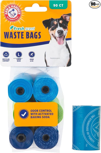 Arm & Hammer Durable Disposable Dog And Cat Waste Bags With Activated Baking Soda, 90 Dog Poop Bags, 9 x 14 Inches
