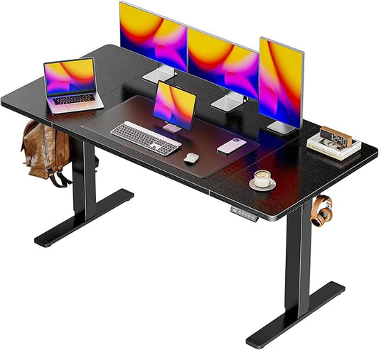 Huuger 55 x 28 Large Electric Standing Desk, Height Adjustable Computer Desk, 27.6" Deep Desktop, Stand up Gaming Office Table with 2 Hooks, 3 Preset Heights, for Home Office, Black