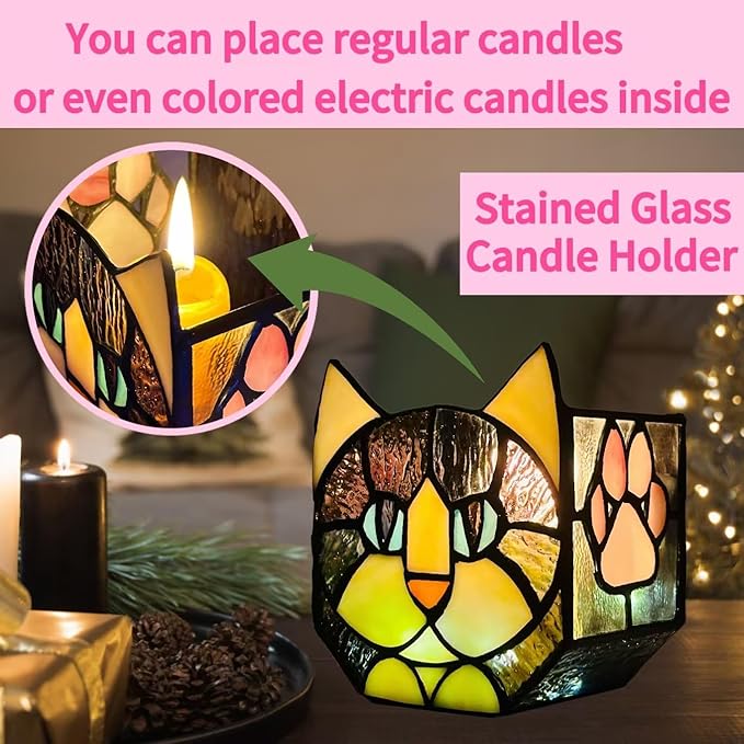 Stained Glass Black Cat Flower Pot,Succulent Pots with Drainage,Unique Black Cat Planter,Flower Pots for Indoor Plants,Glass Container Display Decoration,Cute Plant Gifts