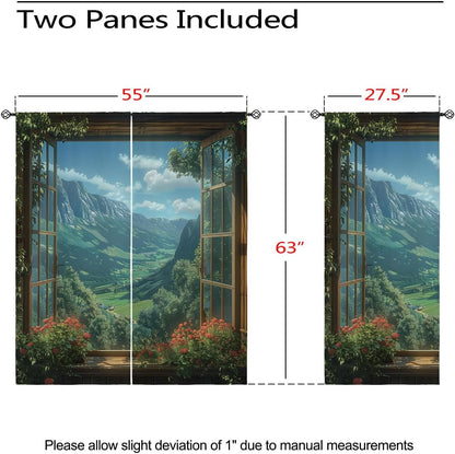 Mountain Blackout Curtains for Girls Boys Teens Home Decor, Spring Sky View Nature Forest Flower Grommet Thermal Insulated Drapes Darkening Window Curtain for Bedroom Living Room, 55 x 63 Inch