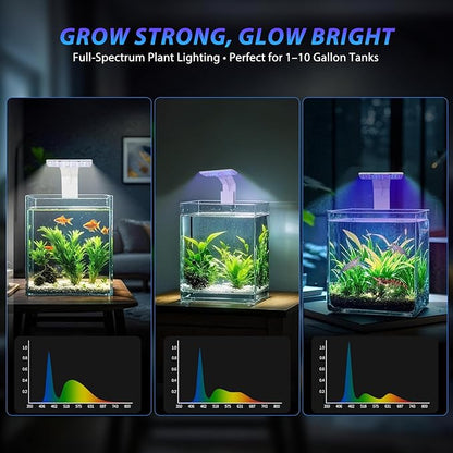 Mini Clip-On Aquarium Light 7W USB Dimmable Fish Tank Lamp with 3 Light Modes (Full Spectrum/White/RGB), 9-Level Brightness, Compact LED Light for 1–3 Gallon Aquariums