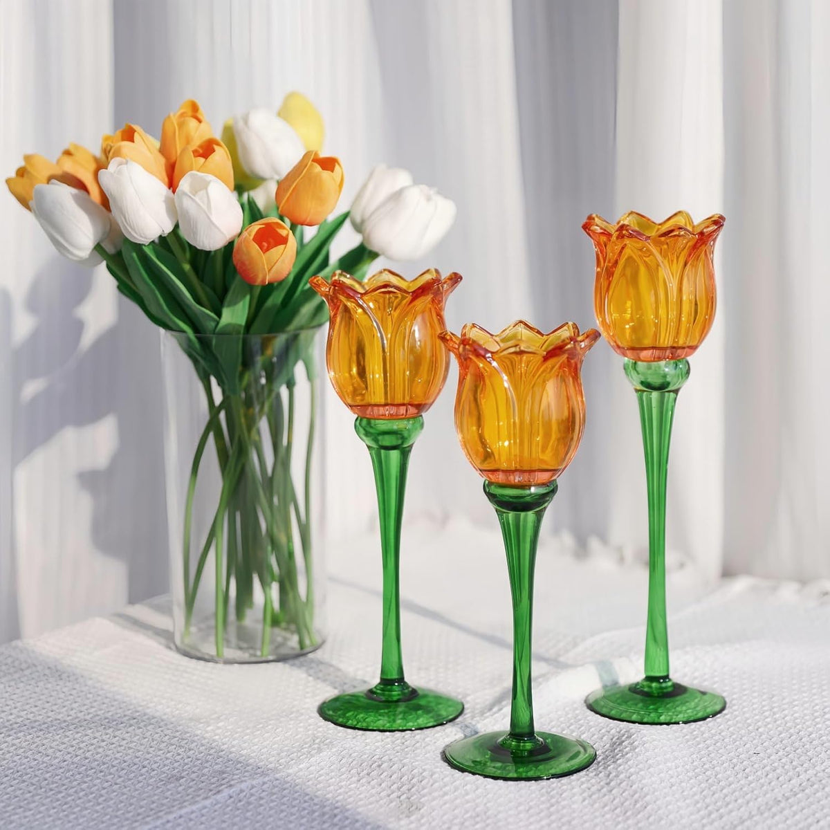 VOHO Orange Tulips Votive Candle Holders for Spring Decor, Elegant Tall Glass Candle Holder Centerpiece Table Decorations, Tulip Tealight Candle Holder for Wedding for Women(Set of3)