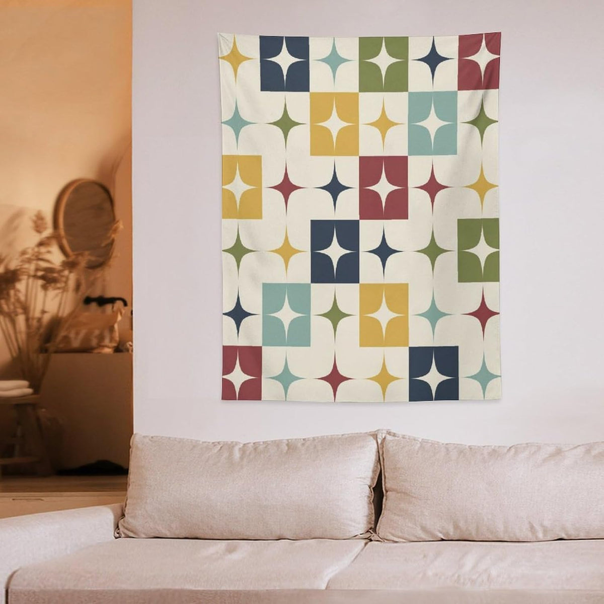 ICMOLYYENLO Boho Medieval Cat Tapestry, Abstract Atomic Starburst Geometric Aesthetic Art Wall Hanging For Bedroom Living Room Dormitory 60x60 Inches