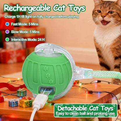 Interactive Cat Toy Ball - Christmas Cat Toys for Indoor Cats with Feather Tails for Chasing, Moving Stimulation Smart Cat Toy for Enrichment, Motion Activated Automatic Rolling Toys to Keep Them Busy