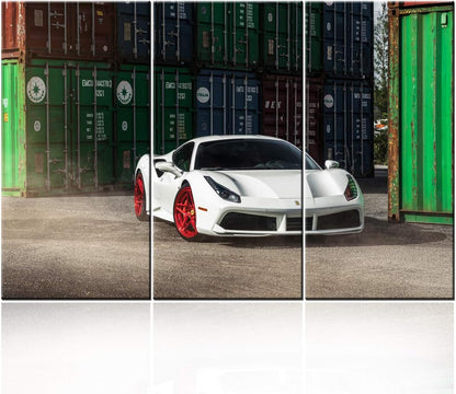 TUMOVO 3 Pieces Wall Art 488 White Sports Car in Warehouse Painting The Picture Print On Canvas Racing Car Pictures for Home Decor Decoration Gift Piece 40 x 20inch x 3 Panels