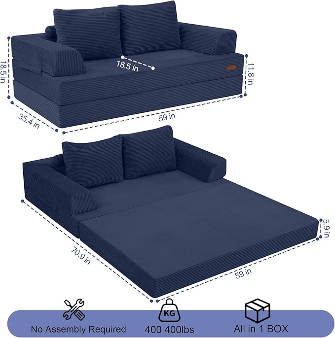 COMAX Convertible Sofa Bed, Folding Floor Couch Corduroy Fold Out Couch Bed Futon Sleeper Mattress with Pillows, Boneless Sofa Comfy Lounge Loveseat for Living Room Bedroom, Navy