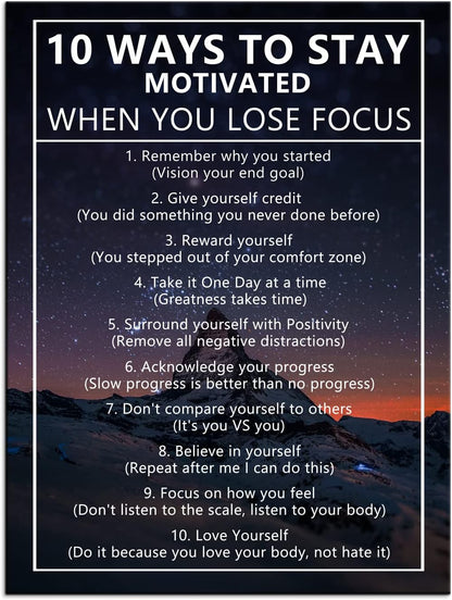 Inspirational Canvas Painting Wall Art 10 Ways to Stay Motivated When You Lose Focus Motivational Wall Art Poster Motivational Framed Artwork Prints Picture for Living Room Office [18''Wx 24''H]
