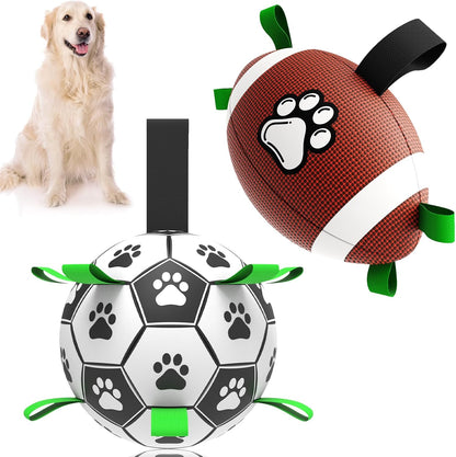 QDAN Dog Soccer Ball Football Set - 2 PCS Dog Balls with Strap for Tug of War, Soccer Ball Football Toys for Small Medium Large Dogs, Herding Ball for Dogs, Dog Birthday Toy