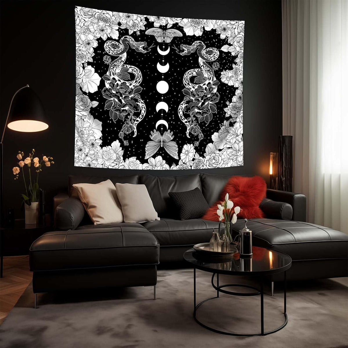 dueeia Moon Phase Witchy Tapestry Wall Hanging Snake Witch Occult Black and White Dark Tapestries for Bedroom Aesthetic Living Room Wall Decor (78.7"x59.1")