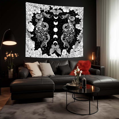 dueeia Moon Phase Witchy Tapestry Wall Hanging Snake Witch Occult Black and White Dark Tapestries for Bedroom Aesthetic Living Room Wall Decor (78.7"x59.1")