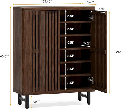 Tribesigns 6-Tier Shoe Cabinet with Shutter Doors, Large Wooden Shoe Organizer Rack with Adjustable Shelves, Modern Farmhouse Hidden Storage Furniture for Entryway, Hallway (Dark Walnut)