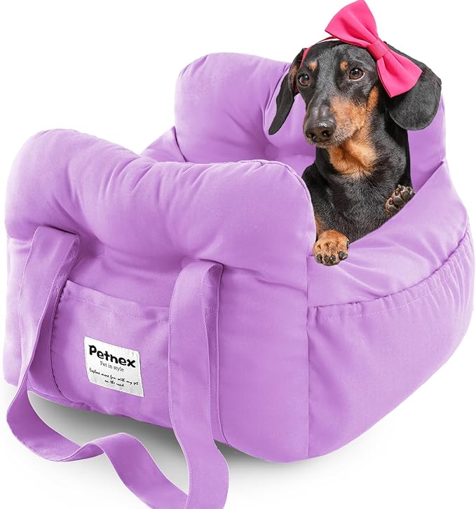 Dog Car Seat for Small Dogs, Portable Puppy Car Seat of Easy Installation, Fashionable Pet Carrier Bag with Large Pockets, Machine Washable Dog Booster Seat (Purple)