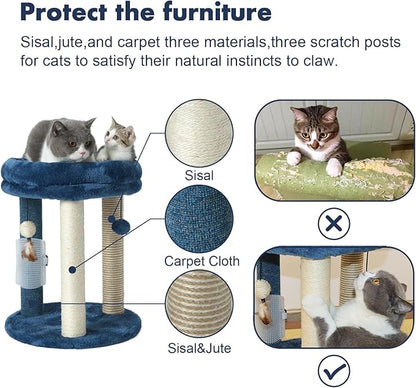 MECOOL Cat Scratching Post Tree with Tower Soft Bed.Natural Quality Sisal Carpet Jute Scratch Posts with Three Hanging Ball Toys and Massage Brush for Indoor Cats and Kittens Blue
