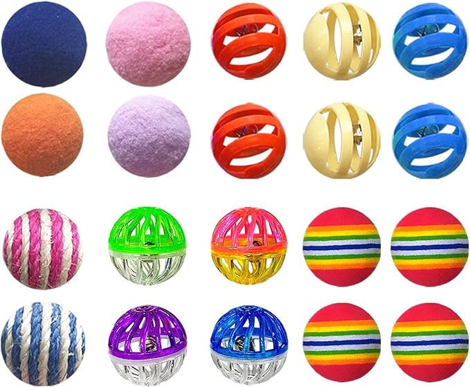 Cat Toys for Indoor Cats, Cat Toys Balls, 20 Packs Interactive Cat Toy Set with Colorful Bell, Jingle Bell, Rainbow, Pompom and Sisal Ball for Kittens