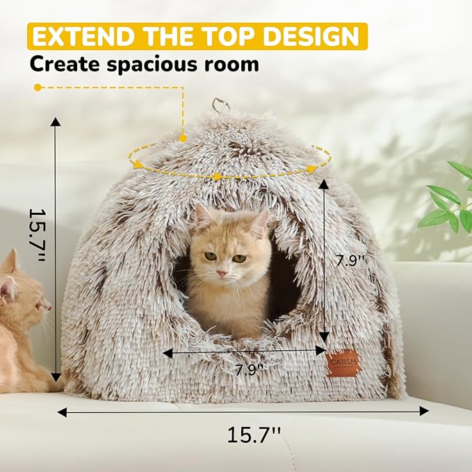 CATISM Cat Bed, Cat Cave for Indoor Cats, Soft Cat Dome, Self-Warming 2 in 1 Foldable Pet Cat House with Washable Cushioned Pillow Calming Fluffy Dog Beds for Small Dogs with Anti-Slip Bottom Brown