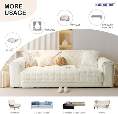 HANDONTIME Couch Cover for Dogs Washable, Fuzzy Sofa Cover for Pets Geometric Jacquard Non-Slip Couch Protector for Dogs Pet-Friendly Sectional Cushion Covers Pet Furniture Cover (Beige,35.4" x 94.5")