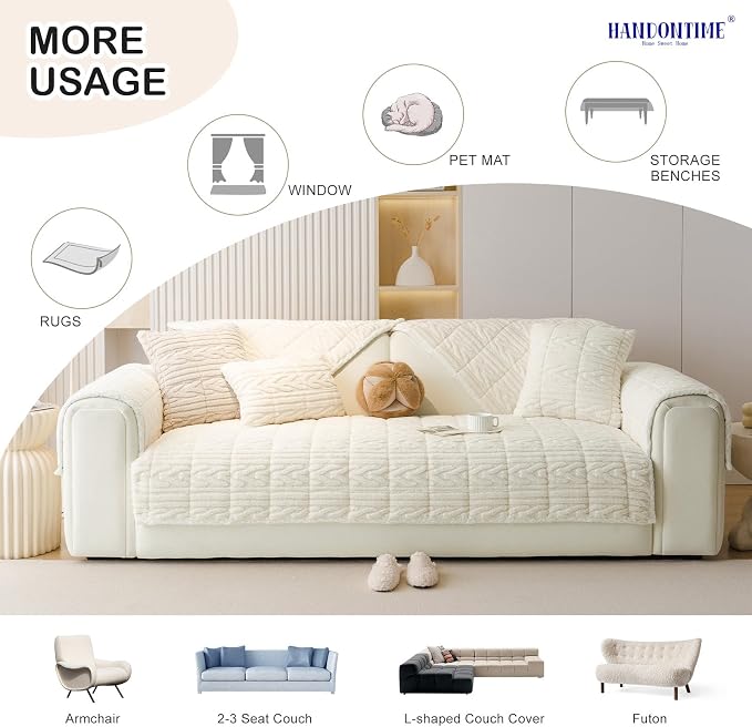 HANDONTIME Couch Cover for Dogs Washable, Fuzzy Sofa Cover for Pets Geometric Jacquard Non-Slip Couch Protector for Dogs Pet-Friendly Sectional Cushion Covers Pet Furniture Cover (Beige,35.4" x 82.7")