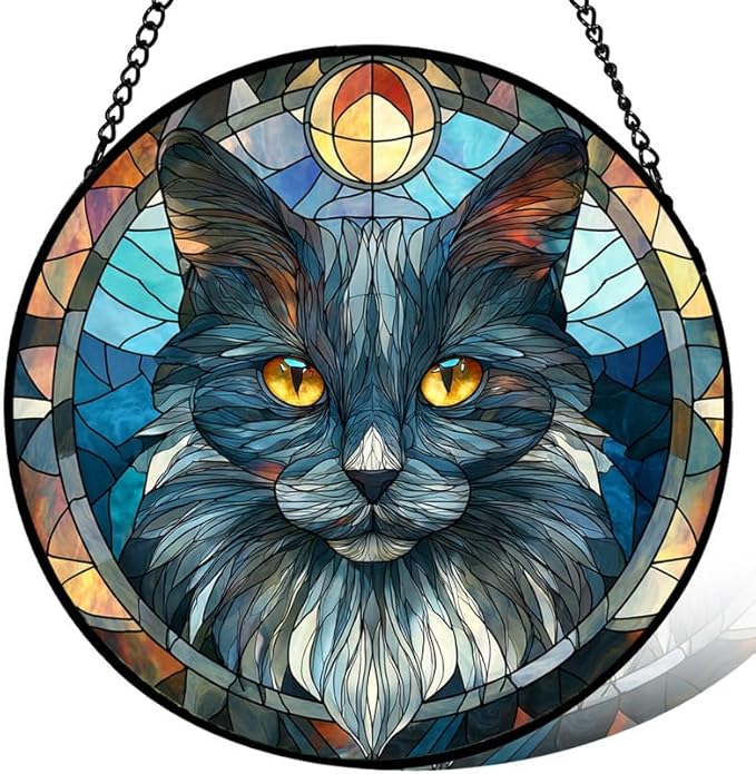 Stained Glass Window Hanging， Wizard Cat 6.3in Sun Catchers Indoor Window， Core Decor Inside and Outside The Cottage， Whimsical Feline Decor， Gifts for Women