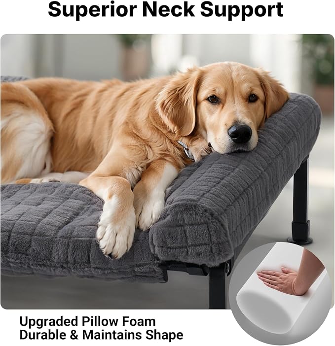 Veehoo Plush Double Dog Couch Bed for 2 Dogs, Washable Elevated Dog Bed | Cooling Raised Pet Cot with Removable Bolster Cushion, Breathable Mesh, No-Slip Feet, 59 x 37 inches, Grey