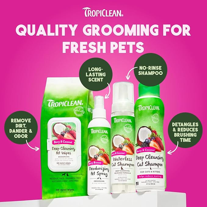 TropiClean No Rinse Waterless Dog Shampoo | Detangling and Deodorizing Dry Shampoo for Smelly Pets | Moisturizes Dry Skin | USA Made | Berry Scent | 7.4oz
