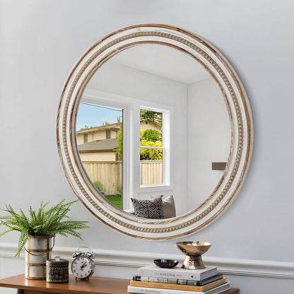 24 Inch Round Mirror - Distressed Vintage Farmhouse Mirror for Bathroom Wall, Living Room, Bedroom & Entryway, Handmade Wood Frame