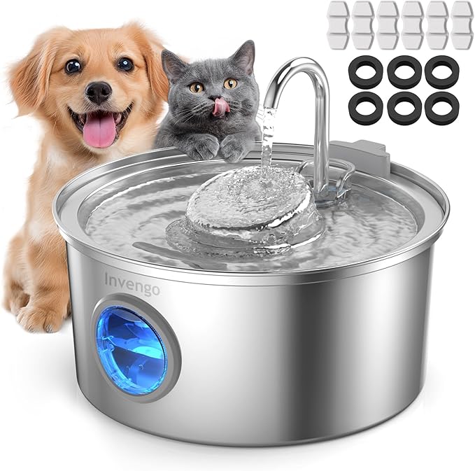 Cat Water Fountain Stainless Steel, 3.2L/108oz Pet Drinking Fountain for Cats Dogs, Automatic Cat Fountain with 2 Flow Modes, Splash-Proof Bowl, Includes 6 Replacement Filters
