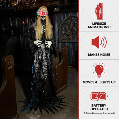 Haunted Hill Farm 5.5-Ft Animatronic Animated Standing Masquerade Lady, Halloween Animatronic, Spooky Venetian Masquerade Prop, Creepy House Party Decoration, Touch-Activated Lights & Sound, Life-Size