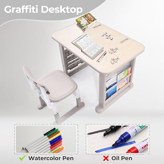 Kids Desk and Chair Set, Multi-Activity Children Study Table and Chair Set with Bookshelf for Home/Classrom, Height Adjustable, Graffiti Desktop, Removable Storage Rack for Toddler Ages 3-12