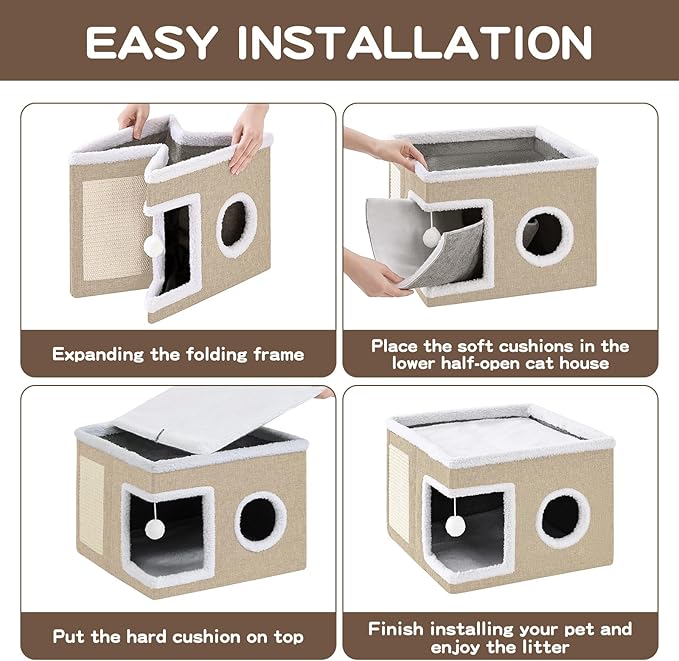 Cat Beds for Indoor Cats Houses, Large Cat Cave with Fluffy Ball and Scratch Pad, Foldable Cat House with Hideaway Tent for Kitten,Grey (SingleAK, Large)