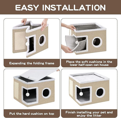 Cat Beds for Indoor Cats Houses, Large Cat Cave with Fluffy Ball and Scratch Pad, Foldable Cat House with Hideaway Tent for Kitten,Grey (SingleAK, Large)