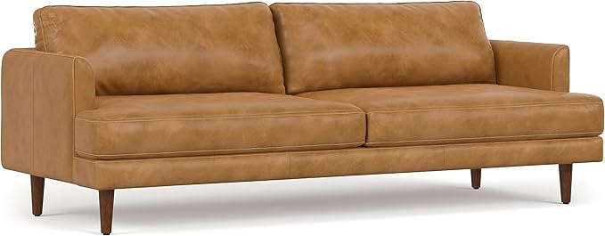 SIMPLIHOME Livingston 90-inch Wide Sofa in Sienna Top Grain Genuine Leather, Handcrafted Mid-Century Modern Couch for Living Room, Large 3-Seater with Feather-Wrapped Cushions and Solid Wood Frame