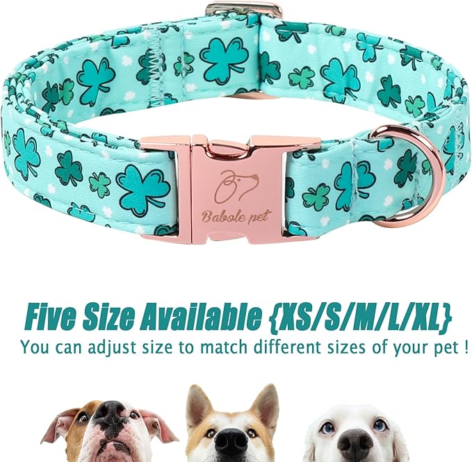 St. Patrick's Day Dog Collar for Large Dogs - Fresh Green Clover Dog Collars, Irish Shamrock Festival Pet Collars, Adjustable Heavy Duty Dogs Collar with Metal Buckle XL