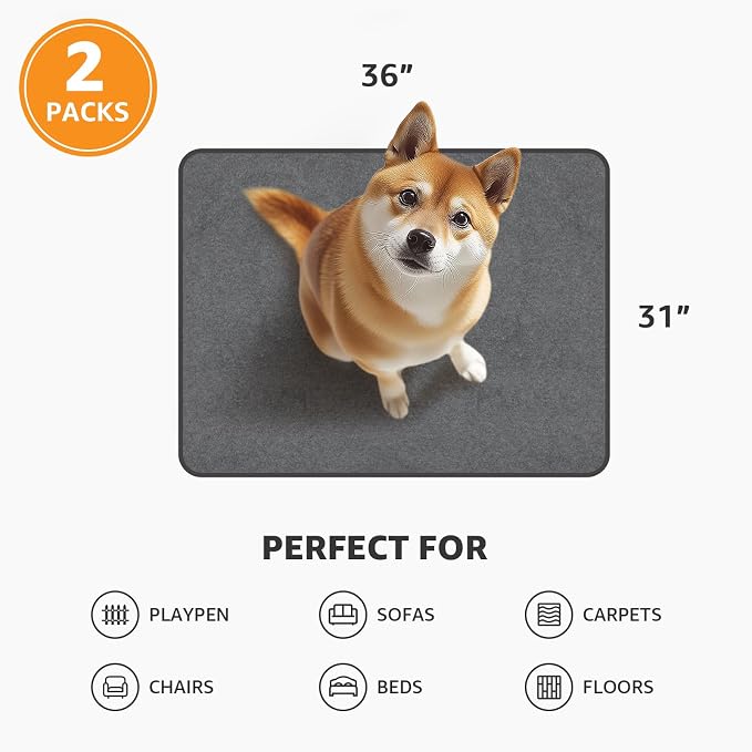 Dog Pee Pad Washable-Extra Large Instant Absorb Training Pads Non-Slip Pet Playpen Mat Waterproof Reusable Floor Mat for Puppy/Senior Dog Whelping Incontinence Housebreaking (31"x36"-(2PACK))