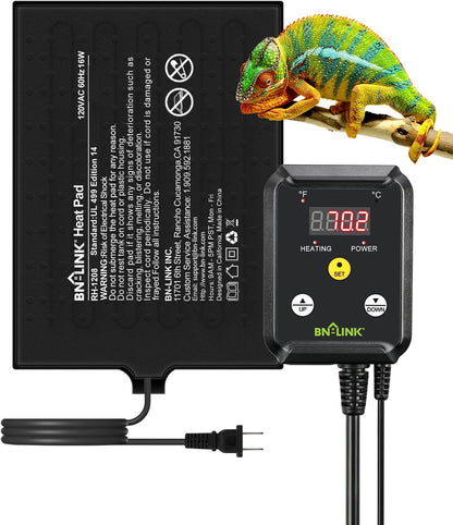 BN-LINK Durable Reptile Heating Pad 8" X 12" with Digital Thermostat Under Tank Heater Terrarium Warmer Combo Set for Turtles, Lizards, Frogs, and Other Reptiles