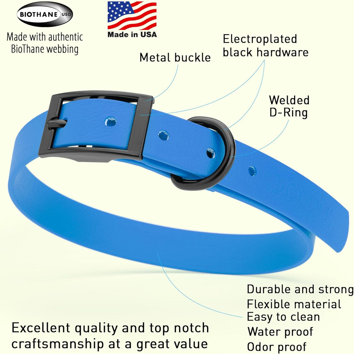 Dogline Biothane Waterproof Dog Collar Strong Coated Nylon Webbing with Black Hardware Odor- Proof for Easy Care Easy to Clean High Performance Fits Small Medium or Large Dogs, Cerulean Blue