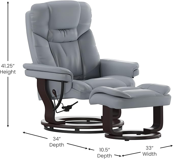 Flash Furniture Allie Contemporary Multi-Position Recliner and Curved Ottoman with Swivel Mahogany Wood Base in Gray LeatherSoft